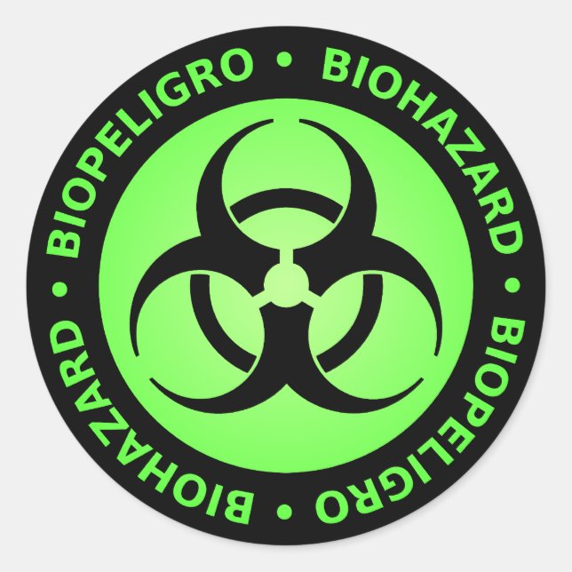 Green Bilingual Biohazard Warning Classic Round Sticker (Front)