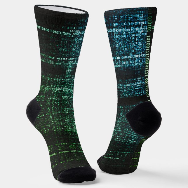 Green Binary Code Cyberpunk Computer Socks (Angled)