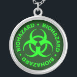 Green Biohazard Symbol Necklace<br><div class="desc">Biohazard - sterling silver charm necklace with bright green lettering and biohazard symbol on a dark green background.</div>