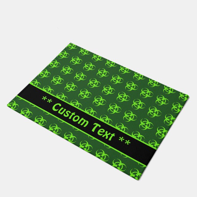 Green Biohazard Symbol Pattern w/ Custom Text Doormat (Angled)