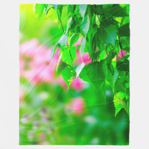Green birch leaves pink tulip flowers fleece blanket
