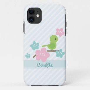 Green Bird and Cherry Flowers iPhone 11 Case