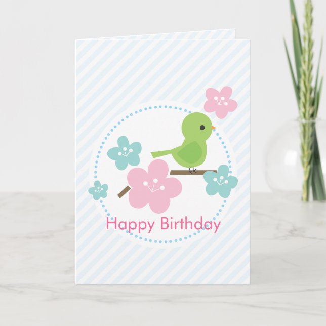 Green Bird and Cherry Flowers Custom Message Card (Front)