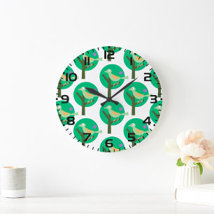 Green Bird and Tree Pattern Nature Inspired  Large Clock