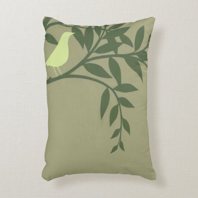 Green Bird Perched on Green Branch Accent Pillow (Front(Vertical))