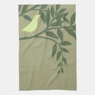 Green Bird Perched on Green Branch Kitchen Towel