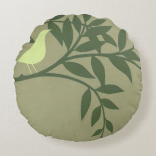 Green Bird Perched on Green Branch Round Pillow