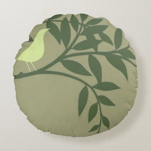 Green Bird Perched on Green Branch Round Pillow (Front)