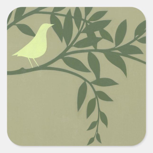 Green Bird Perched on Green Branch Square Sticker (Front)