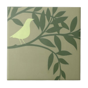 Green Bird Perched on Green Branch Tile