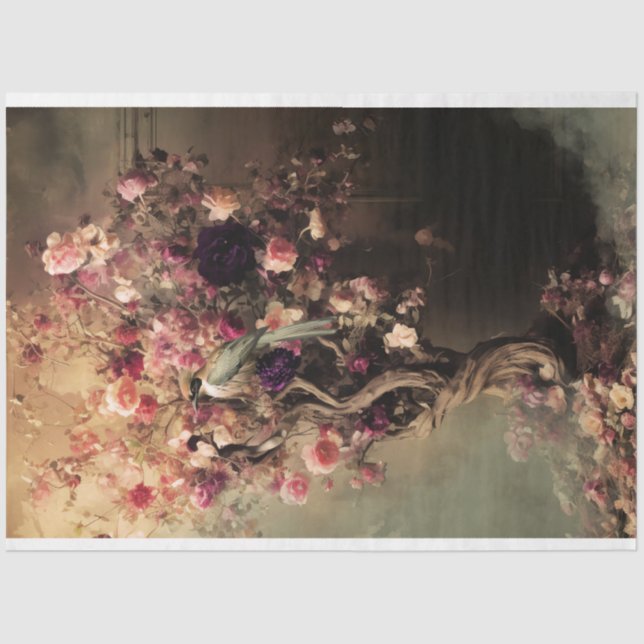 Green Bird & Vibrant Floral, Ethereal Tree Tissue Paper (Front)