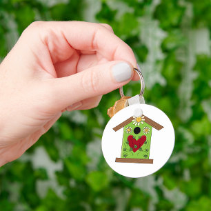 Green Birdhouse with Heart and Daisies  Keychain