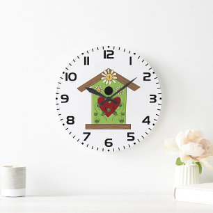 Green Birdhouse with Heart and Daisies  Large Clock