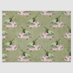 Green Birds and Pink Floral Decoupage Tissue Paper