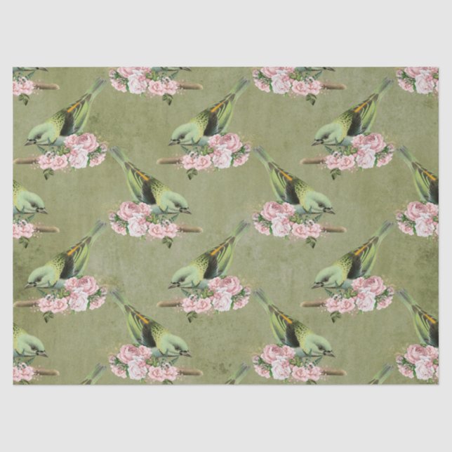 Green Birds and Pink Floral Decoupage Tissue Paper (Front)