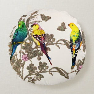 Green Birds Floral Watercolor Silver Glitter Round Pillow