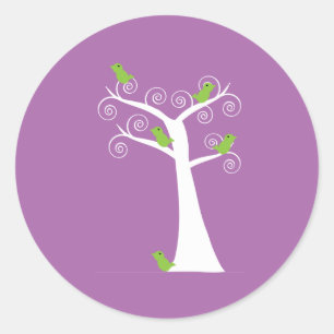 Green Birds in a Whimsical Swirly Tree on Purple Classic Round Sticker