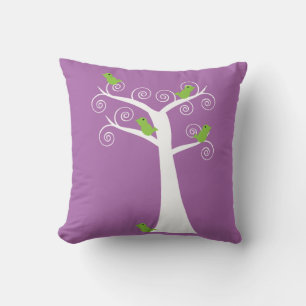Green Birds in a Whimsical Swirly Tree on Purple Throw Pillow