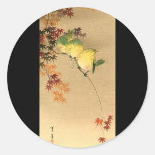 Green Birds on Maple Tree, Japanese Art c.1800s Classic Round Sticker