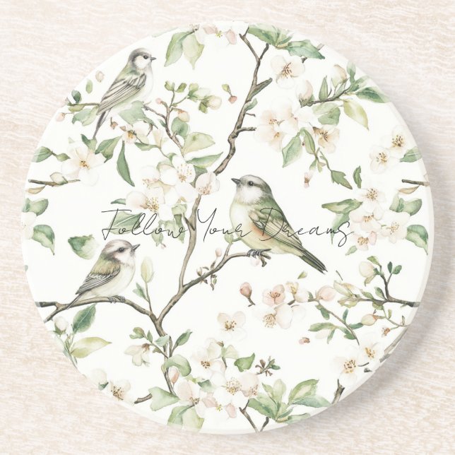Green Birds White Flowers Tree Coaster (Front)