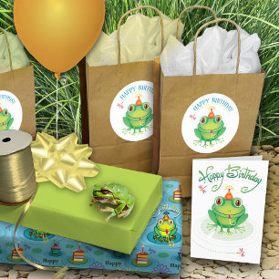 Green Birthday Frog With Party Hat And Blower Classic Round Sticker