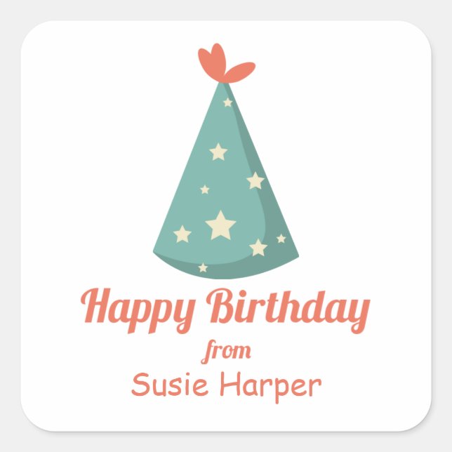 Green Birthday Party Hat Square Sticker (Front)