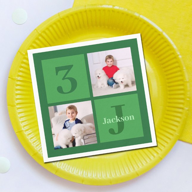 Green Birthday Photo Collage Personalized Party Napkin (Creator Uploaded)