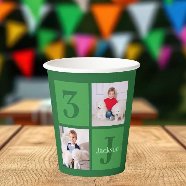 Green Birthday Photo Collage Personalized Party Paper Cups (Creator Uploaded)