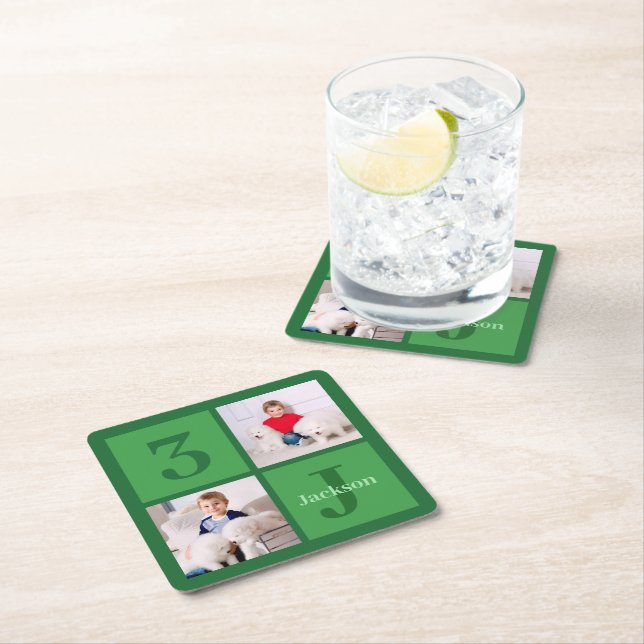 Green Birthday Photo Collage Personalized Party Square Paper Coaster (Insitu)
