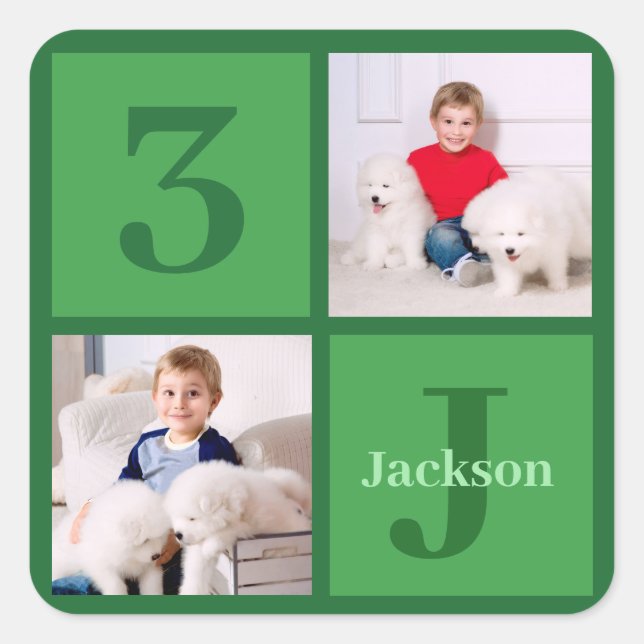 Green Birthday Photo Collage Personalized Party Square Sticker (Front)