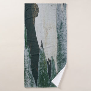 Green, black, and beige painting bath towel