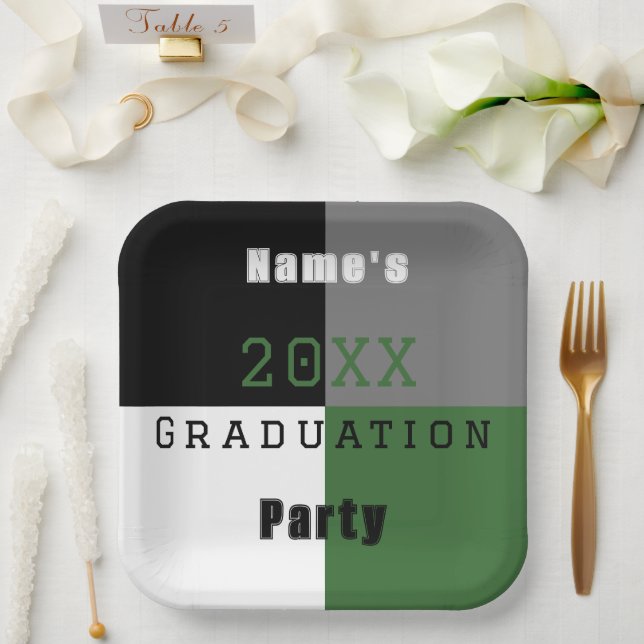 Green black and white custom graduation party paper plate (Wedding)