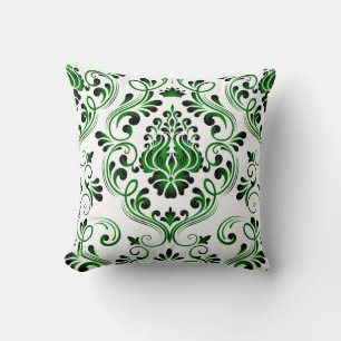 Green Black and White Damask Floral Pattern  Throw Pillow