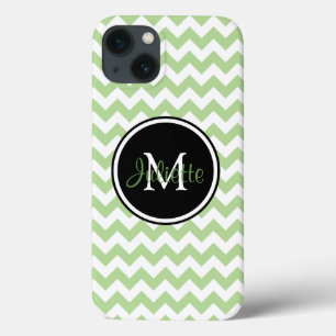 Green Black and White Monogrammed Chevron iPhone 13 Case