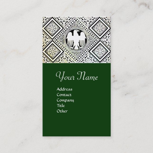 GREEN BLACK AND WHITE ROMAN EAGLE DAMASK MOTIFS BUSINESS CARD (Front)