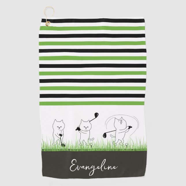 Green, Black and White Stripe Cat Golfer Golf Towel (Front)