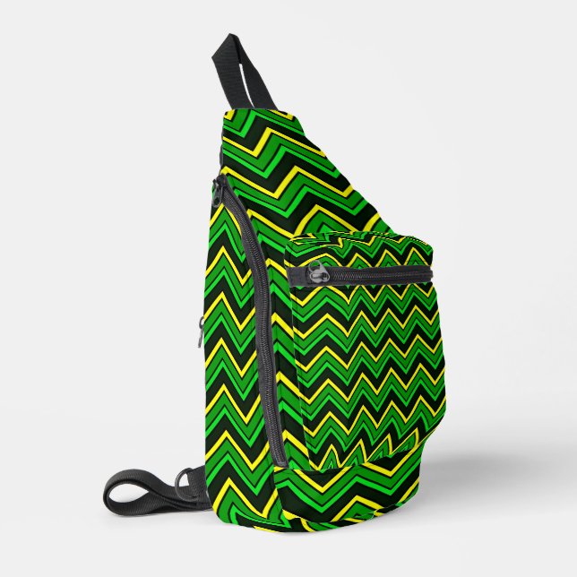 Green, black and yellow chevron zigzag sling bag (Left Corner)