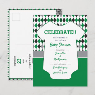 Green & Black Argyle Pattern Baby Shower Postcard