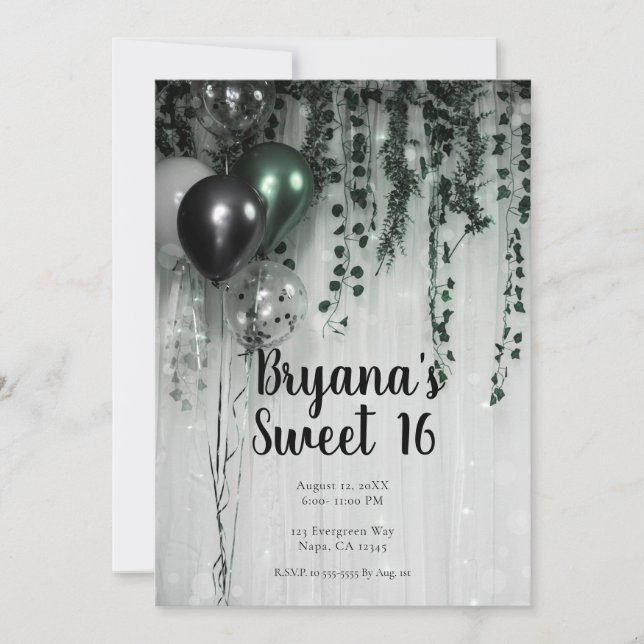 Green Black Balloons Ivy Jungle Party Sweet 16 Invitation (Front)