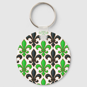 Green Black Baroque Fleur-de-lis Pattern Design Keychain