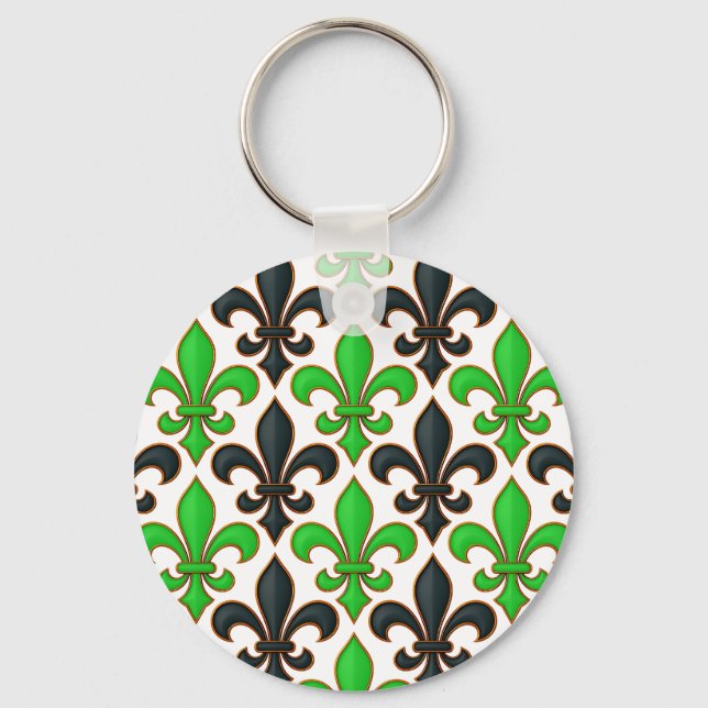 Green Black Baroque Fleur-de-lis Pattern Design  Keychain (Front)