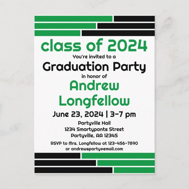 Green & Black Bars Graduation Party Invitation Postcard (Front)