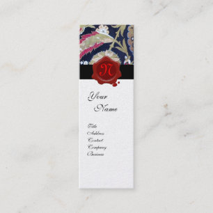 GREEN & BLACK BLUE DAMASK, RED WAX SEAL MONOGRAM MINI BUSINESS CARD