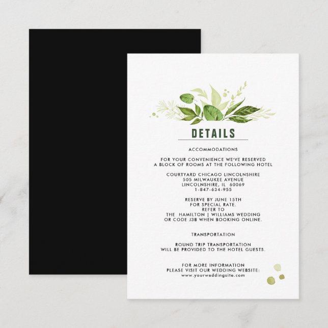 Green Black Botanical Wedding Detail Card (Front/Back)