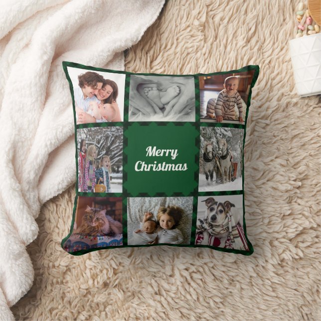 Green Black Buffalo Check Holiday Photo Collage Throw Pillow (Blanket)