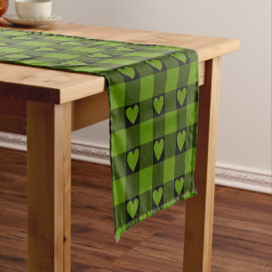 Green Black Buffalo Heart Plaid Table Runner