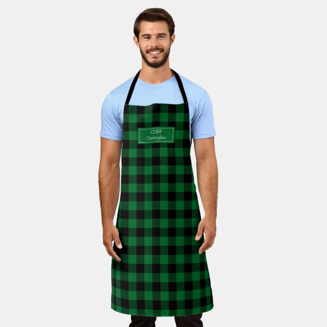 Green Black Buffalo Plaid Lumberjack Personalized Apron (Worn)