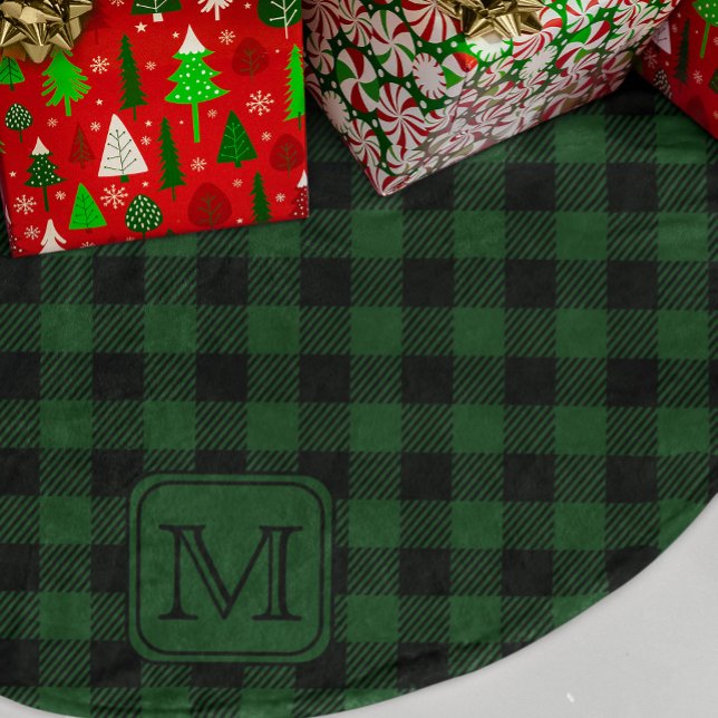 Green Black Buffalo Plaid Personalized Monogram Brushed Polyester Tree Skirt (Creator Uploaded)