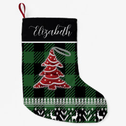 Green Black Buffalo Plaid Personalized Name Small Christmas Stocking