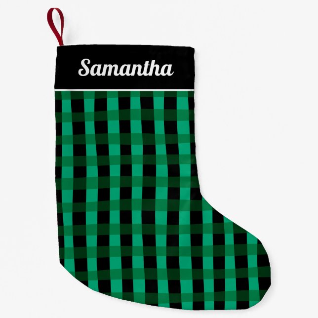 Green Black Buffalo Plaid Personalized Name Small Christmas Stocking (Front)